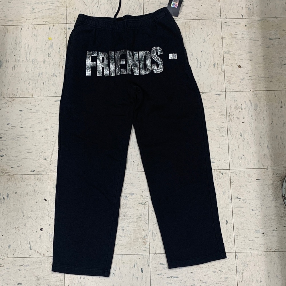 VLONE Black Joggers with Rhinestone FRIENDS Graphic